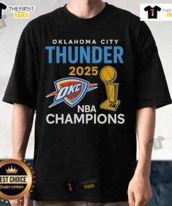 Alt Text: Official OKC Thunder 2025 NBA Champions Trophy Classic T-Shirt featuring team logo and vibrant design.