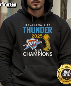 Official OKC Thunder 2025 NBA Champions trophy hoodie featuring team colors and logo, perfect for fans.