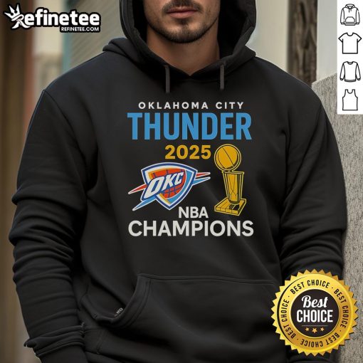 Official OKC Thunder 2025 NBA Champions trophy hoodie featuring team colors and logo, perfect for fans.