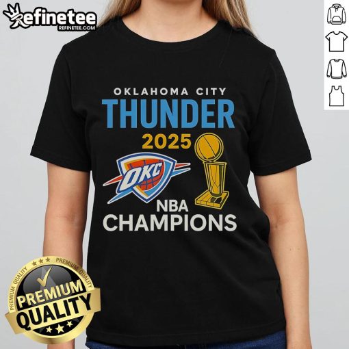 Alt Text: Official OKC Thunder 2025 NBA Champions trophy ladies tee featuring team logo and vibrant design for fans.