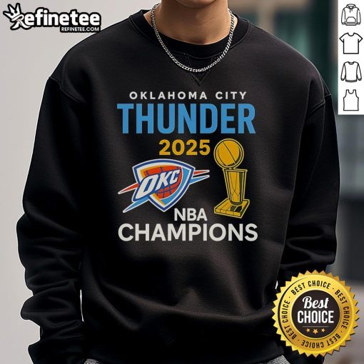 Official OKC Thunder 2025 NBA Champions trophy sweatshirt in team colors, celebrating the championship victory.