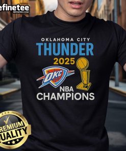 Official OKC Thunder 2025 NBA Champions trophy t-shirt featuring team logo and celebratory design, perfect for fans.
