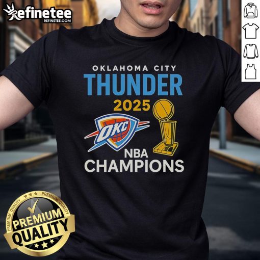 Official OKC Thunder 2025 NBA Champions trophy t-shirt featuring team logo and celebratory design, perfect for fans.