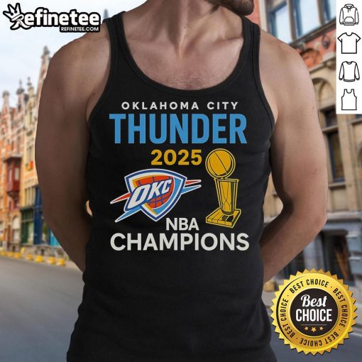Official OKC Thunder 2025 NBA Champions trophy tank top featuring team colors and logo, perfect for fans and collectors.
