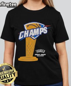 Official OKC Thunder Champs 2024-2025 Season Trophy Ladies Tee showcasing team pride and championship spirit.