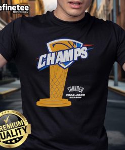 Alt Text: Official OKC Thunder Champs 2024-2025 Season Trophy T-Shirt featuring vibrant team colors and logo design.