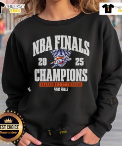 Alt Text: Official Oklahoma City Thunder 2025 NBA Finals Champions sweatshirt showcasing team pride and victory celebration.