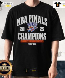 Alt Text: Official Oklahoma City Thunder 2025 NBA Finals Champions T-Shirt featuring bold team logo and celebratory design.
