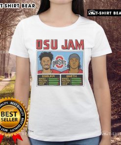 Official OSU Jam Egbuka and Smith ladies tee featuring vibrant design and team colors for Ohio State fans.