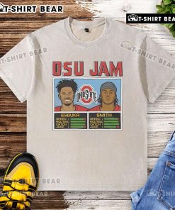 Official OSU Jam Egbuka and Smith washed t-shirt featuring Ohio State University logo and vibrant design for fans.