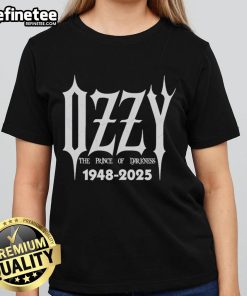 Official Ozzy Osbourne The Prince of Darkness 1948-2025 Rock Music Legend Ladies Tee featuring iconic design.