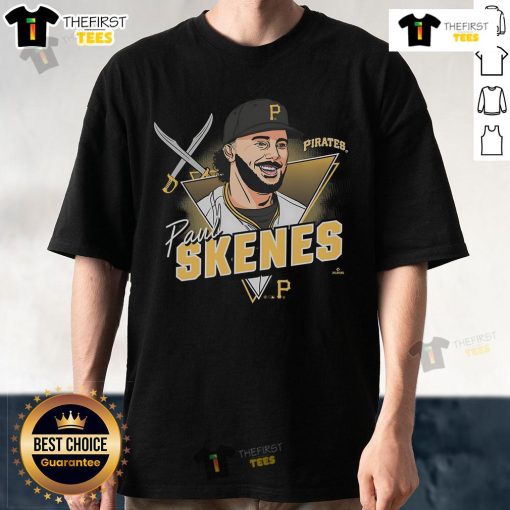 Official Paul Skenes Pittsburgh Pirates player caricature t-shirt featuring vibrant artwork and team colors.