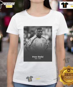 Official Peter Rufai RIP 1963-2025 Ladies Tee featuring a stylish design honoring the legendary goalkeeper.