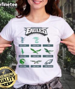 Alt Text: Official Philadelphia Eagles 1933 history of team logos ladies tee showcasing vintage designs and team pride.