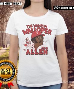 Alt Text: Official Phillies Dick Allen Signature tee featuring The Wampum Walloper design for ladies.