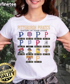Alt Text: Official Pittsburgh Pirates history of team logos ladies tee showcasing iconic designs and team spirit.