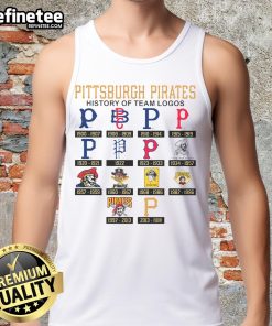 Alt Text: Official Pittsburgh Pirates history of team logos tank top showcasing iconic designs and vibrant colors.