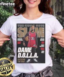 Alt Text: Official Portland Trail Blazers NBA SLAM Damian Lillard retro sports ladies tee featuring vibrant team colors and logo.