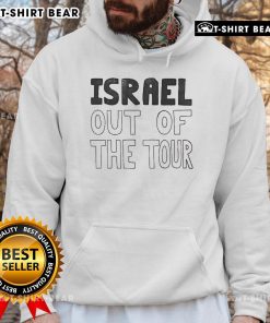 Official protester wearing 'Israel Out of the Tour' hoodie at a rally, advocating for political change and awareness.