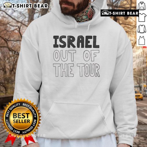 Official protester wearing 'Israel Out of the Tour' hoodie at a rally, advocating for political change and awareness.
