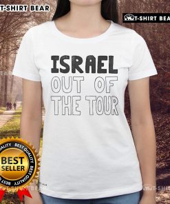 Official protester wearing 'Israel Out of the Tour' ladies tee at a rally, showcasing support for the movement.