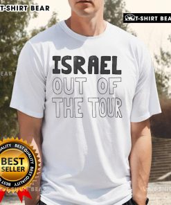 Alt Text: Official protester wearing an Israel Out of the Tour T-shirt at a rally, showcasing their stance on the issue.