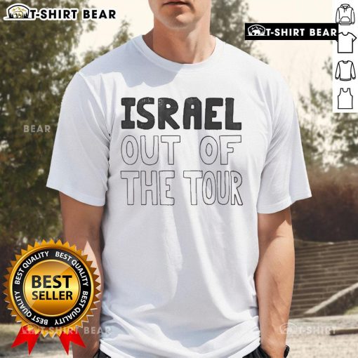 Alt Text: Official protester wearing an Israel Out of the Tour T-shirt at a rally, showcasing their stance on the issue.