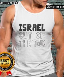 Official protester wearing 'Israel Out of the Tour' tank top at a rally advocating for social justice.