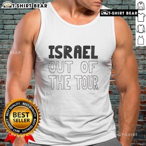 Official protester wearing 'Israel Out of the Tour' tank top at a rally advocating for social justice.