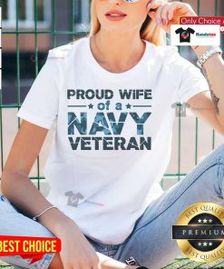 Alt Text: Official Proud Wife of a Navy Veteran Navy Camo Text Ladies Tee showcasing pride and support for Navy veterans.