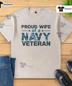 Alt Text: Official Proud Wife of a Navy Veteran t-shirt in navy camo design, perfect for showing support and pride.