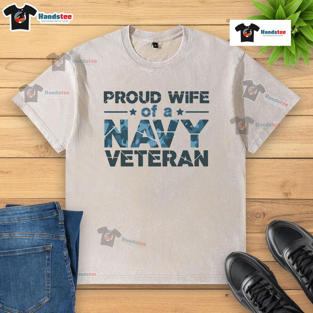Official Proud Wife Of A Navy Veteran Navy Camo Text Washed T Shirt Alt Text: Official Proud Wife of a Navy Veteran t-shirt in navy camo design, perfect for showing support and pride.