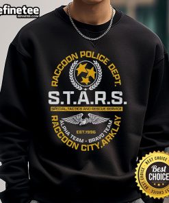 Official Raccoon Police Dept S.T.A.R.S. sweatshirt featuring special tactics and rescue service design, established 1996.
