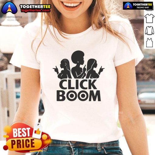 Official Reggie Denireaux Click Boom Ladies Tee featuring a stylish design, perfect for casual wear and fan merchandise.