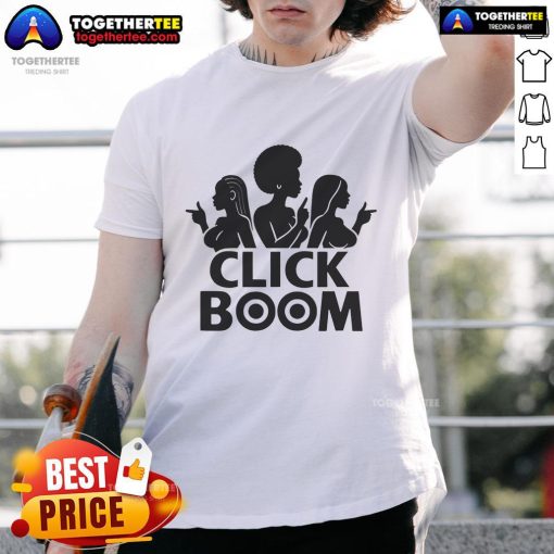 Official Reggie Denireaux Click Boom T-Shirt featuring vibrant graphic design, perfect for fans and casual wear.