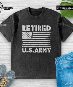 Alt Text: Official Retired US Army America Flag Washed T-Shirt featuring a distressed flag design, perfect for veterans and supporters.