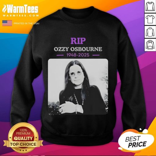 Alt Text: Official RIP Ozzy Osbourne Rest In Power 1948-2025 sweatshirt featuring a tribute design for fans of the legendary artist.