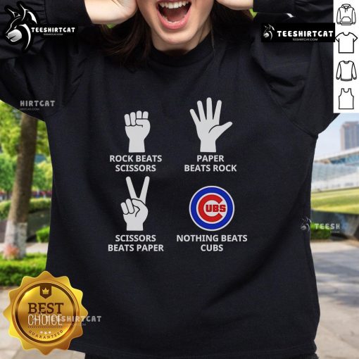 Official Rock Beats Scissors Paper Beats Rock Scissors Beats Paper Nothing Beats Cubs Sweatshirt in navy blue.