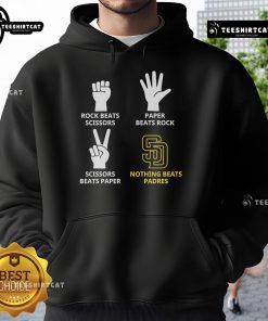Official Padres hoodie featuring 'Rock Beats Scissors, Paper Beats Rock, Scissors Beats Paper' design.