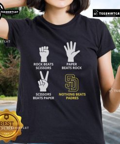 Official Padres ladies tee featuring 'Rock Beats Scissors, Paper Beats Rock, Scissors Beats Paper' design.
