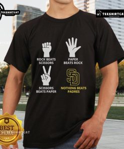 Official Rock Beats Scissors T-Shirt featuring playful 'Nothing Beats Padres' design for fans of the game.