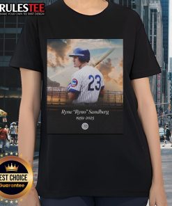 Alt Text: Official Ryne Sandberg 1959-2025 Memorial Ladies Tee featuring a tribute design honoring the baseball legend.