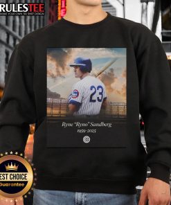 Official Ryne Sandberg 1959-2025 Memorial Sweatshirt featuring tribute design for baseball legend Ryne Sandberg.