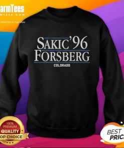 Official Sakic Forsberg '96 Colorado sweatshirt featuring classic team colors and logos for hockey fans.