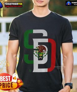 Alt Text: Official San Diego Padres MLB baseball t-shirt featuring the Mexican flag logo, perfect for fans and collectors.