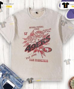 Alt Text: Official San Francisco 49ers washed t-shirt, featuring the NFL logo, established in 1946, perfect for fans.