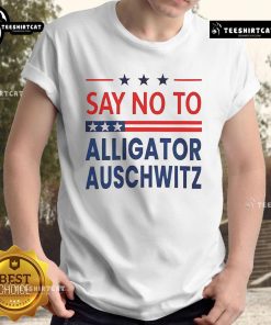 Official Say No To Alligator Auschwitz USA T-Shirt design featuring bold graphics and a powerful message against animal cruelty.