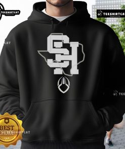 Official SH Texas Football Hoodie in navy blue, featuring team logo and comfortable fit for fans and players alike.