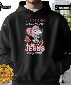 Official Snoopy Boston Red Sox hoodie featuring 'In My Veins, Jesus In My Heart' design for sports and Snoopy fans.