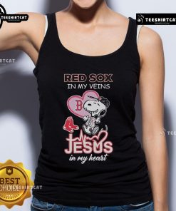 Official Snoopy Boston Red Sox 'In My Veins, Jesus In My Heart' tank top featuring a vibrant design and team colors.